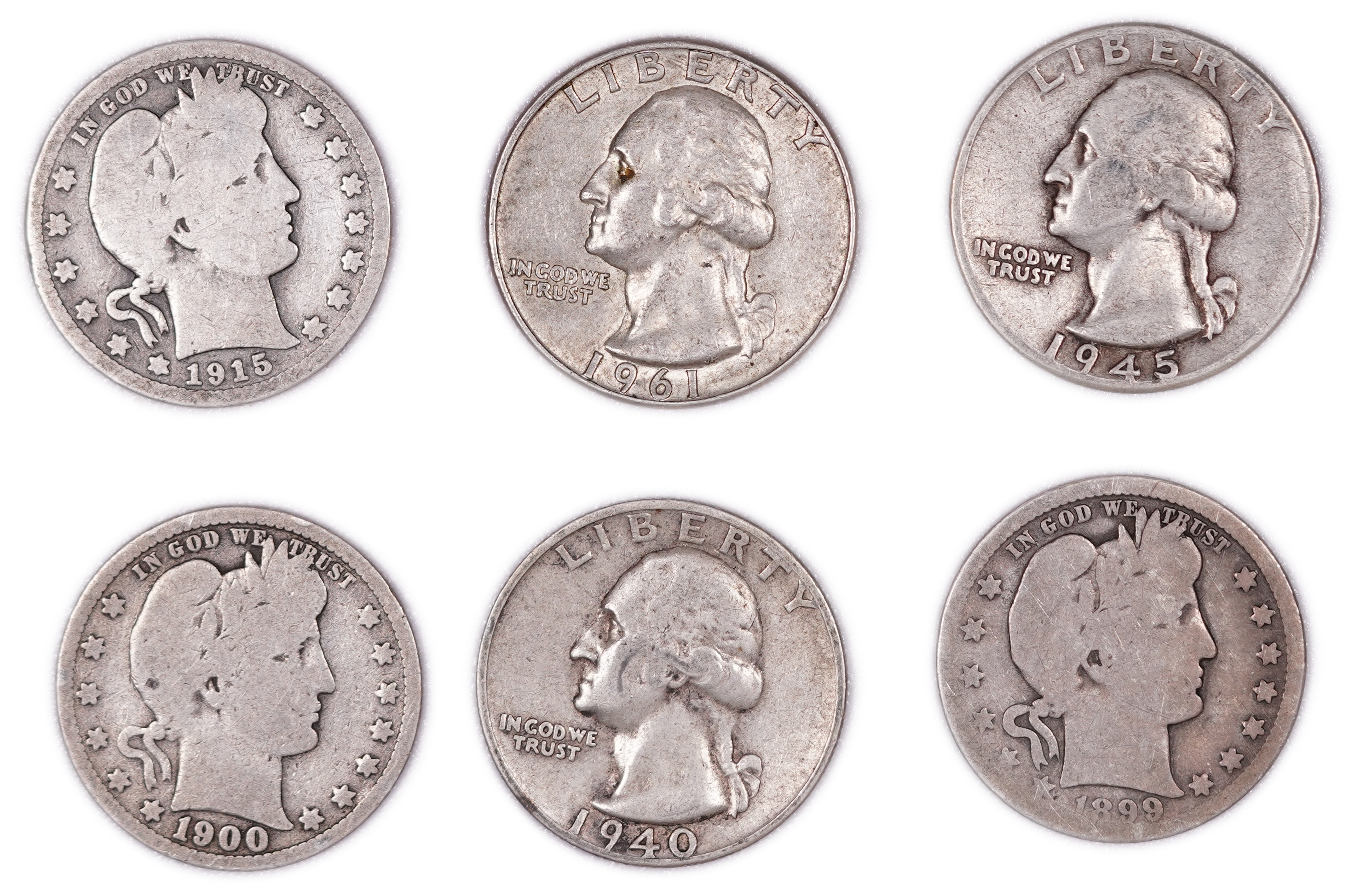United States - Group of 17 Quarter Dollar Coins - 12 Washington, 3 Barber and 2 Standing Liberty - .900 Silver - ... - 1 4