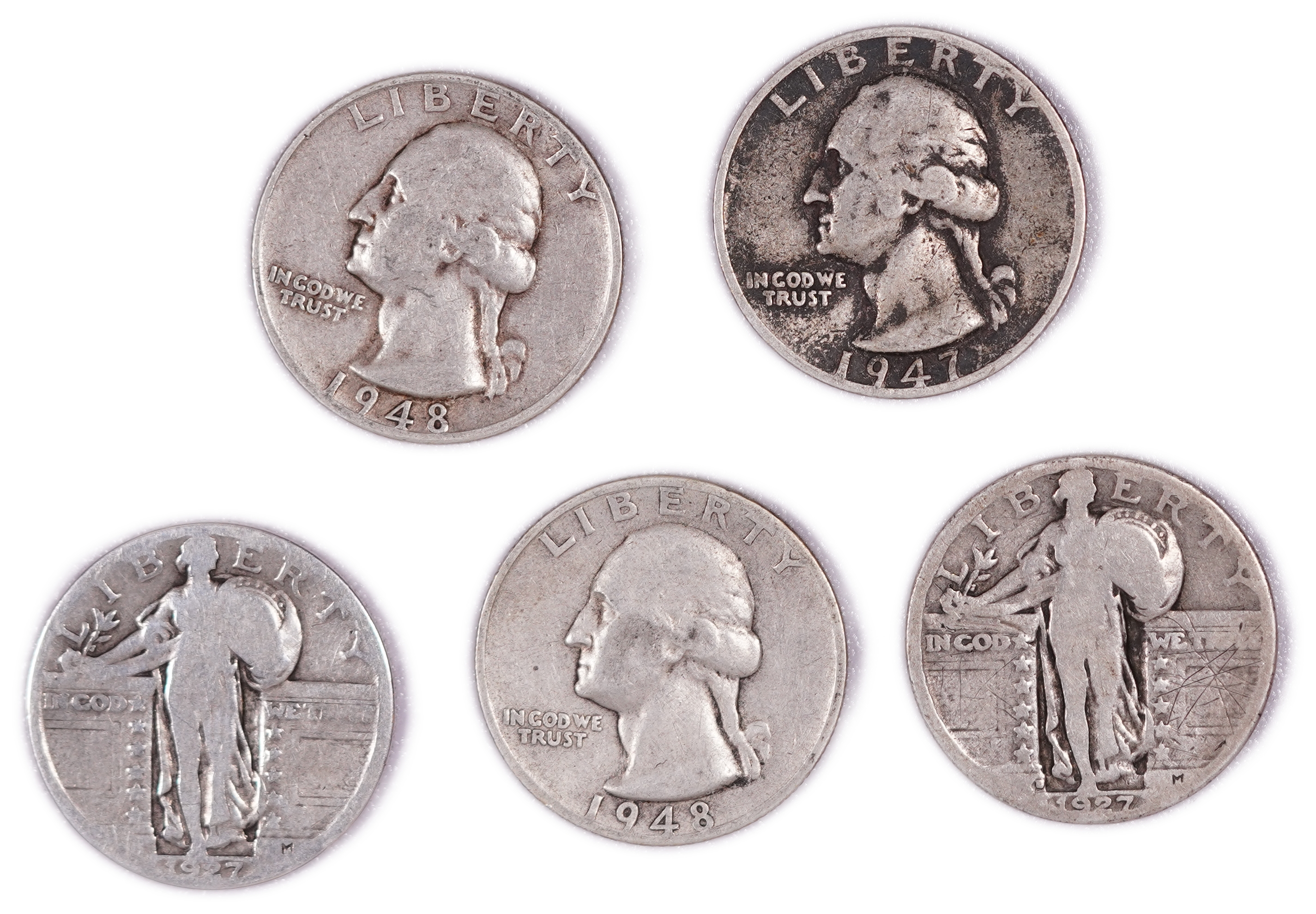 United States - Group of 17 Quarter Dollar Coins - 12 Washington, 3 Barber and 2 Standing Liberty - .900 Silver - ... - 1 2