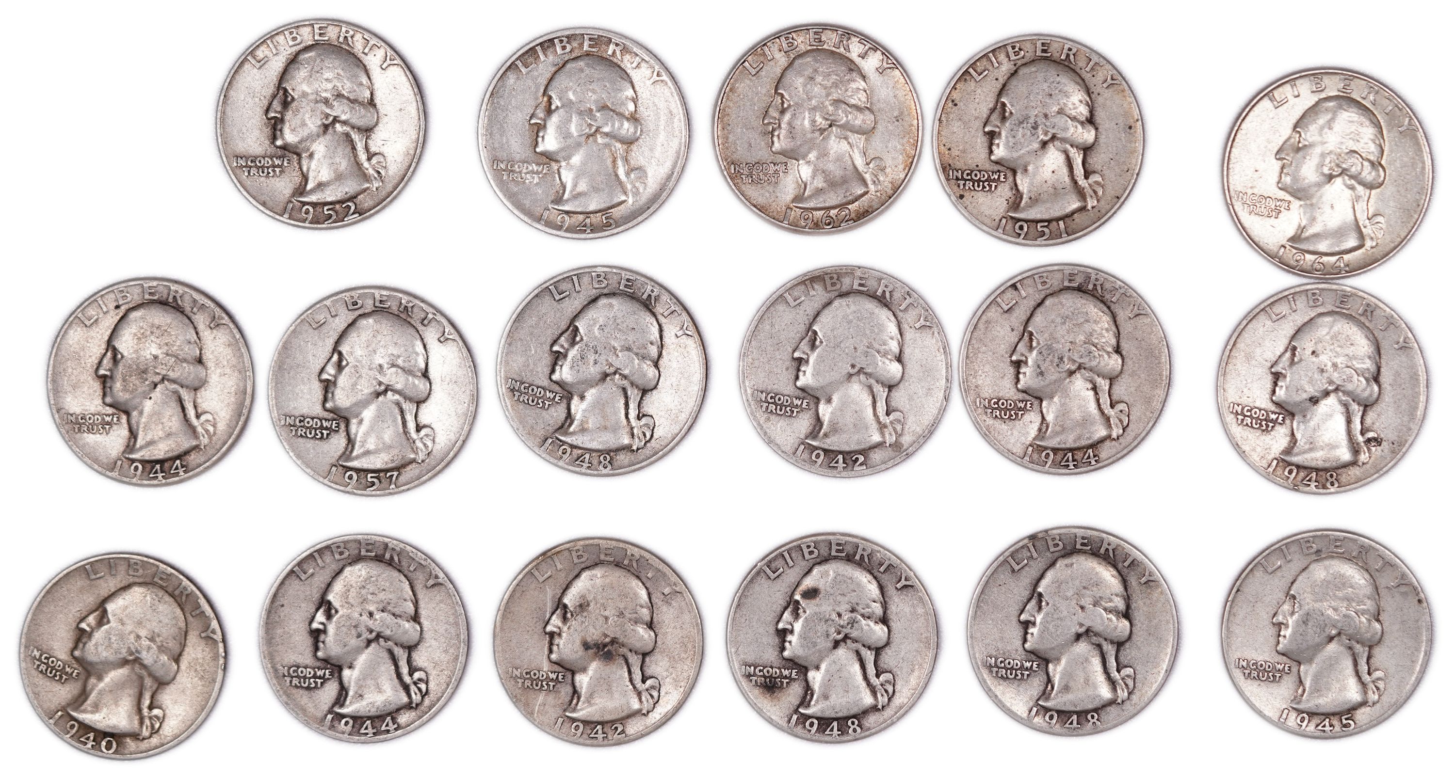 United States - Group of 17 Washington Quarter Dollar Coins - .900 Silver - Total Weight 105.0 g (94.50 g Net ... - 1 0