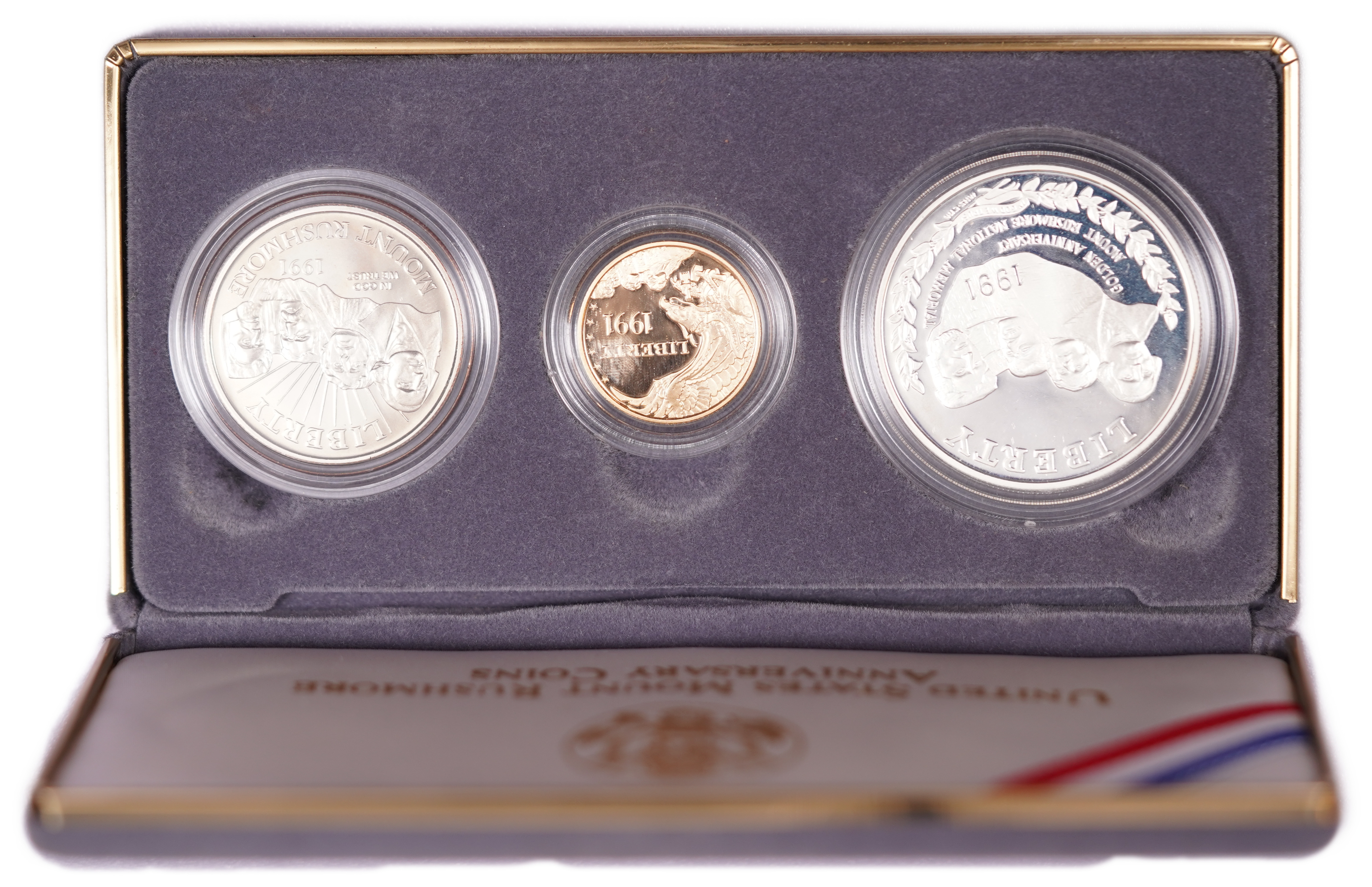 United States - Official 3-Coin Set, 1/2, 1 and 5 Dollars 1991 - 50th Anniversary of Mount Rushmore National ... - 1 12