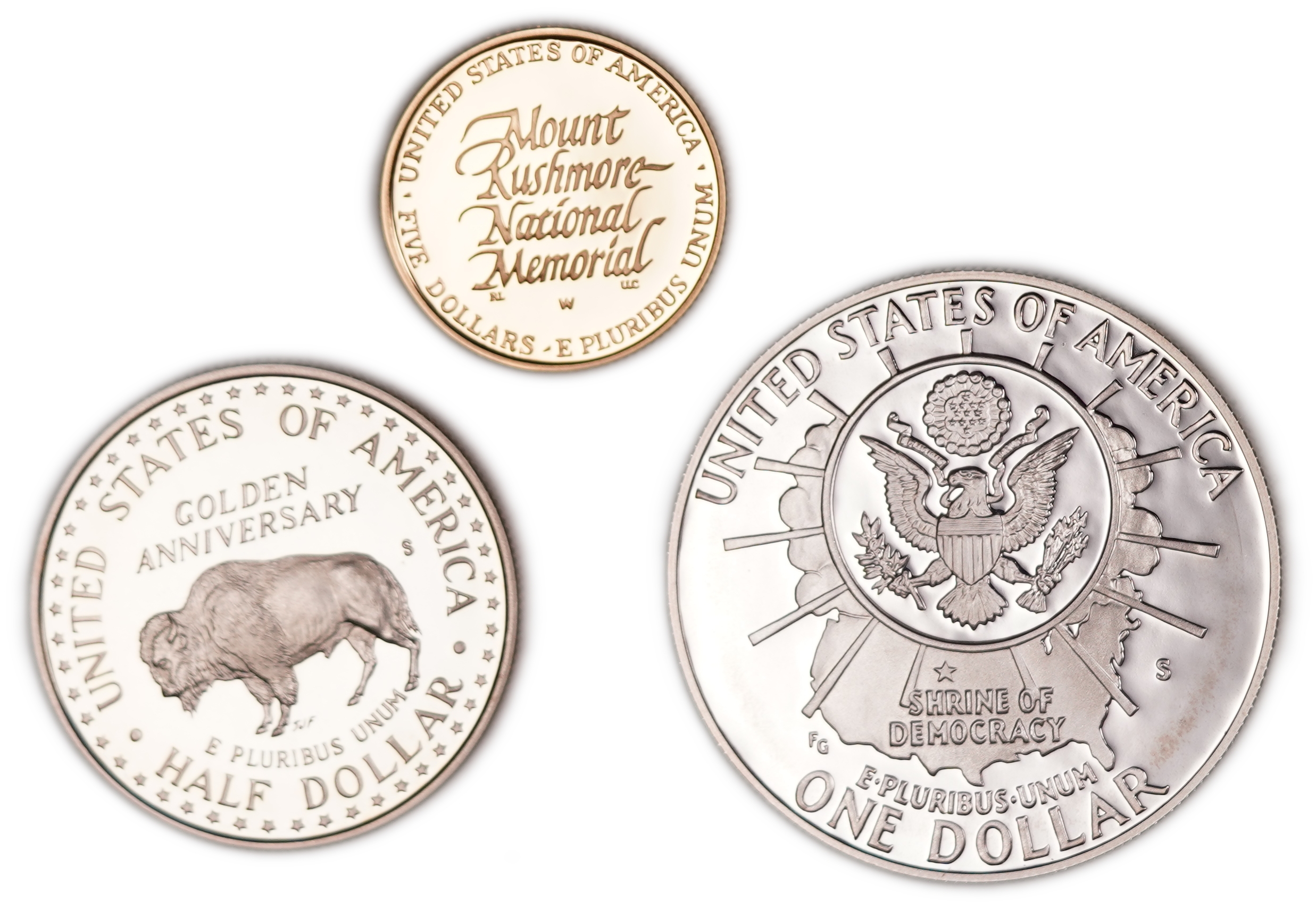 United States - Official 3-Coin Set, 1/2, 1 and 5 Dollars 1991 - 50th Anniversary of Mount Rushmore National ... - 1 1