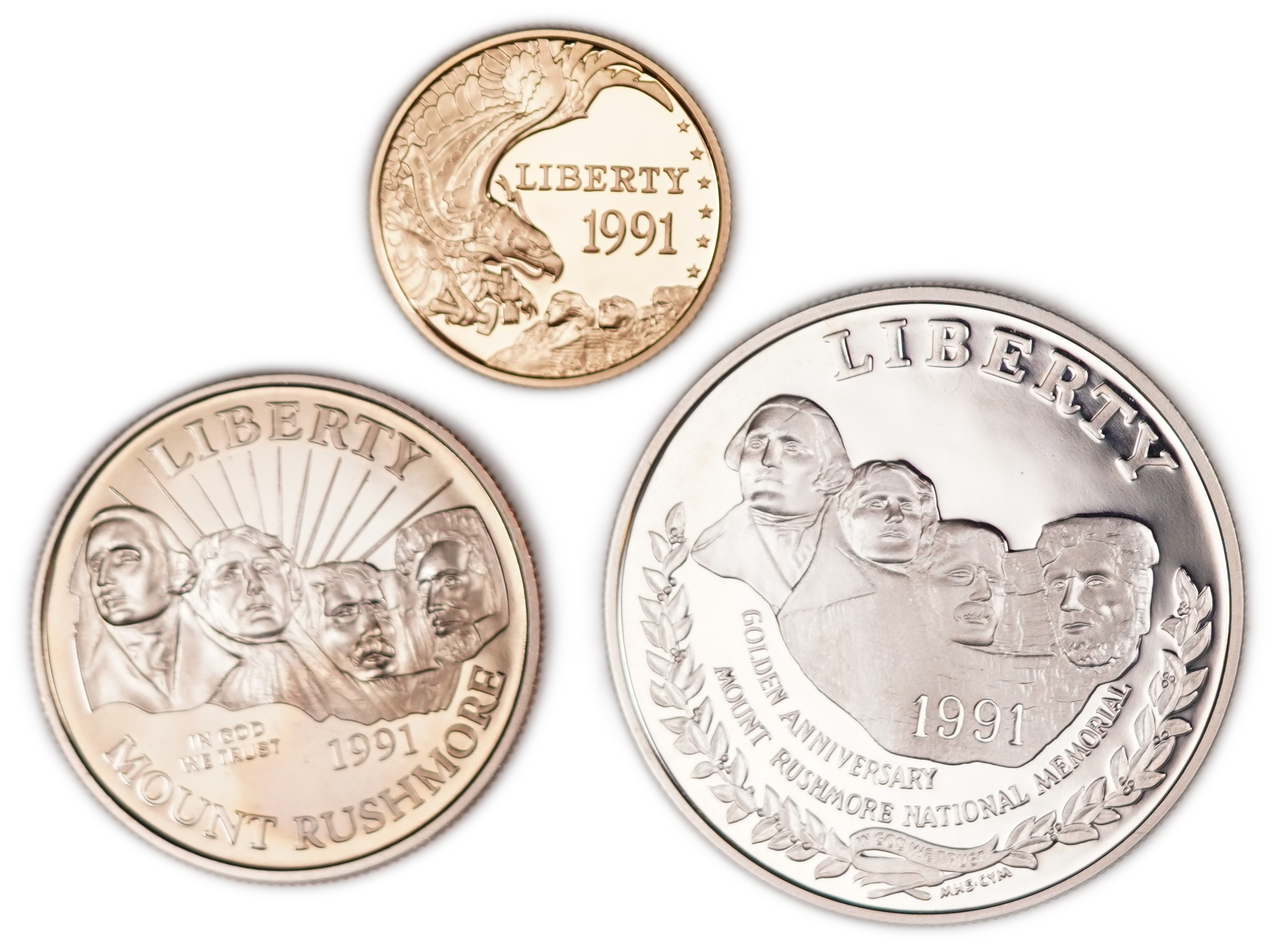 United States - Official 3-Coin Set, 1/2, 1 and 5 Dollars 1991 - 50th Anniversary of Mount Rushmore National ... - 1 0