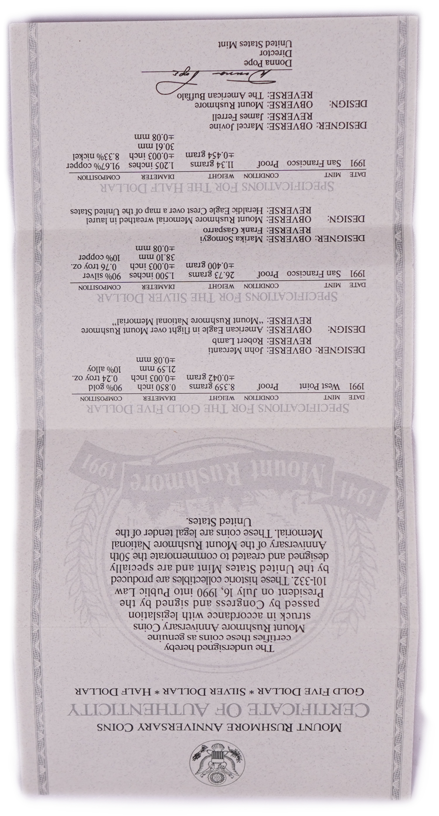 United States - Official 3-Coin Set, 1/2, 1 and 5 Dollars 1991 - 50th Anniversary of Mount Rushmore National ... - 1 5