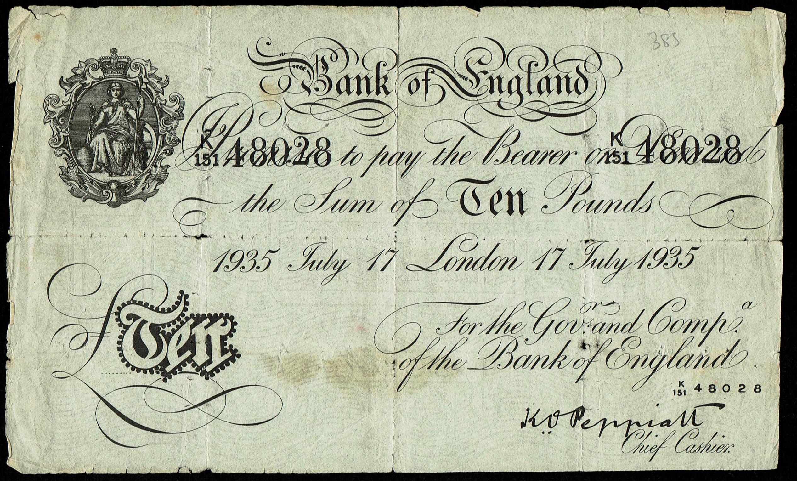 Great Britain - Operation Bernhard - Nazi Counterfeit Bank of England 10 Pounds, Dated 17 July 1935 - K.O. Peppiatt ... - 1 0