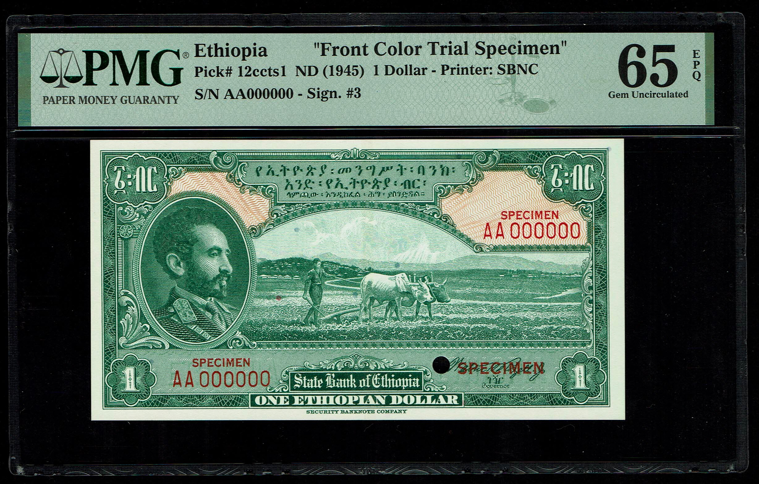 Ethiopia - 1 Dollar 1945 - "Front Color Trial Specimen" - Serial No. AA 000000 - PMG 65 EPQ Gem Uncirculated - Pick ... - 1 0