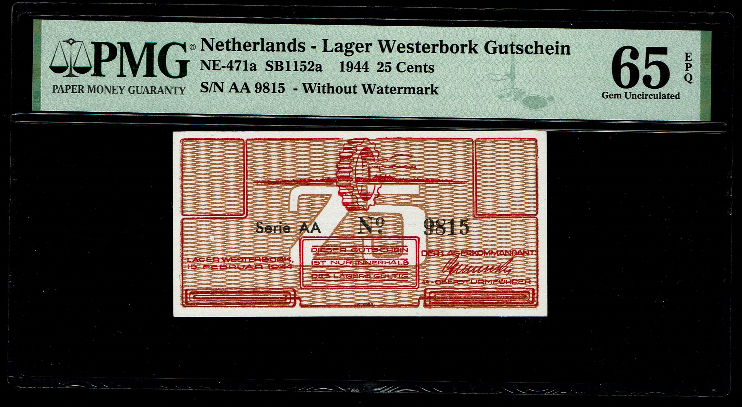 Holocaust & Camp Currency - Netherlands - Westerbork Transit Camp - 25 Cents Gutschein 1944 - PMG 65 EPQ Gem ... - 1 0