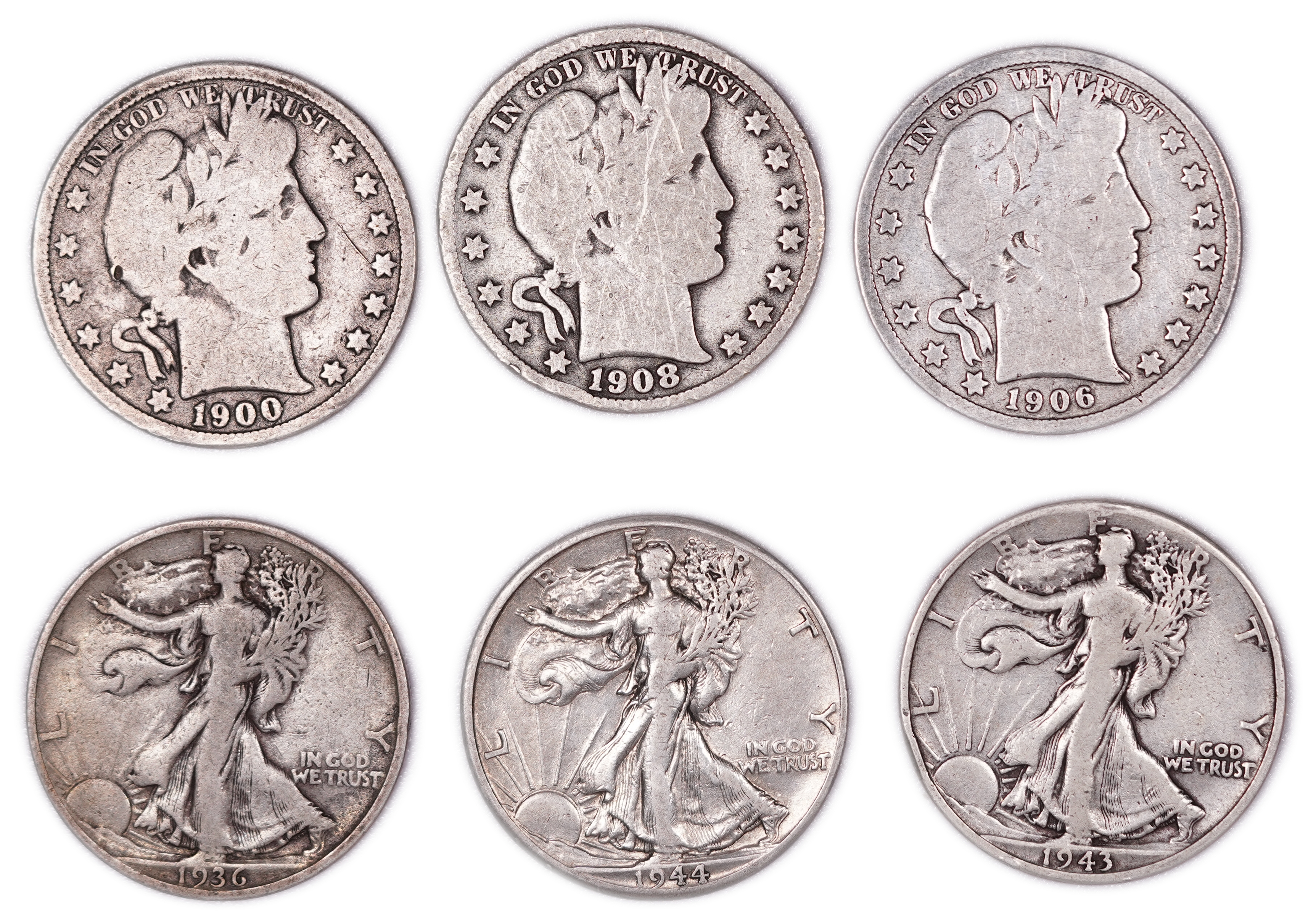 United States - Group of 6 .900 Silver Half Dollars - 3 Barber Half Dollars and 3 Walking Liberty Half Dollars - ... - 1 0
