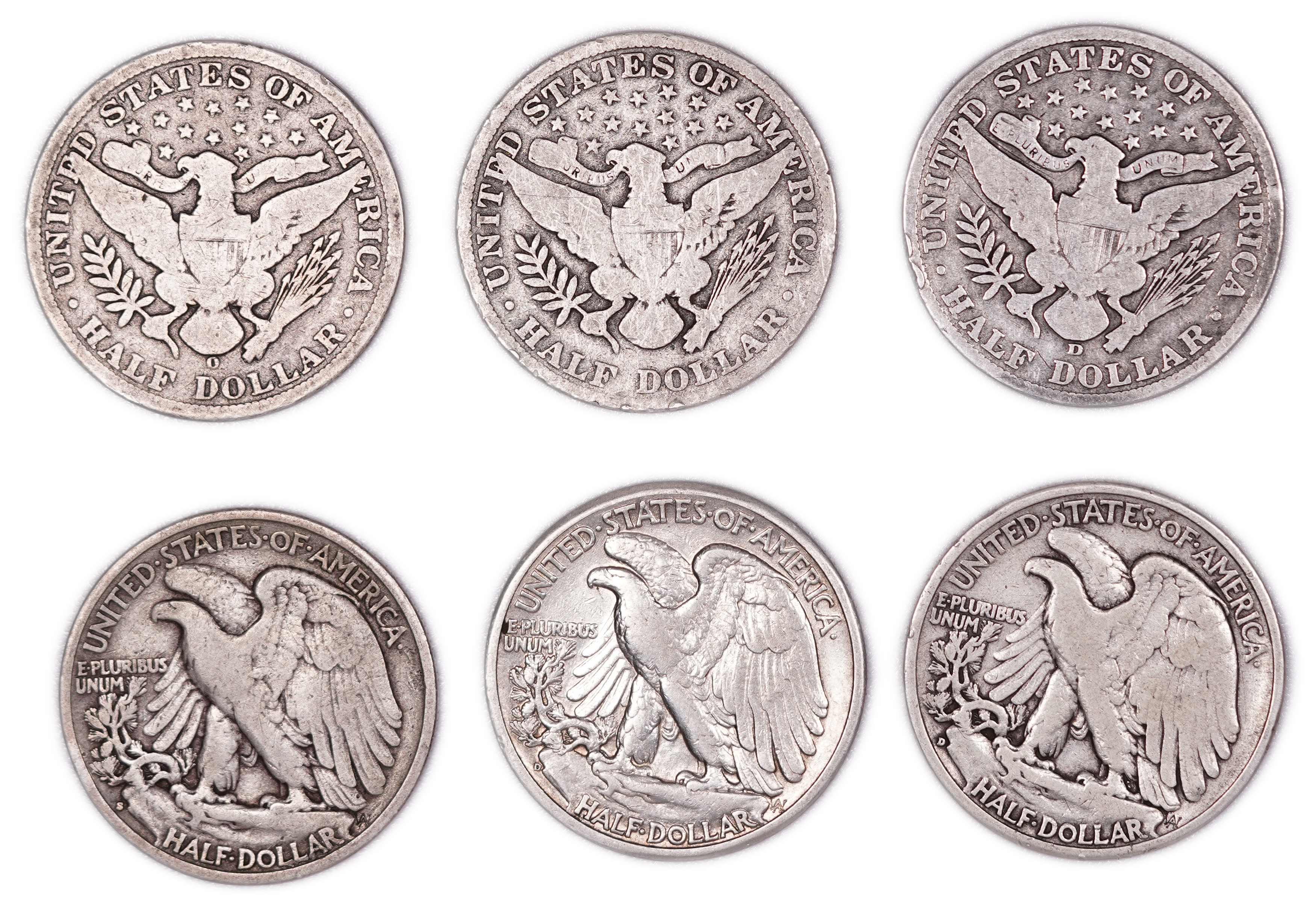 United States - Group of 6 .900 Silver Half Dollars - 3 Barber Half Dollars and 3 Walking Liberty Half Dollars - ... - 1 1
