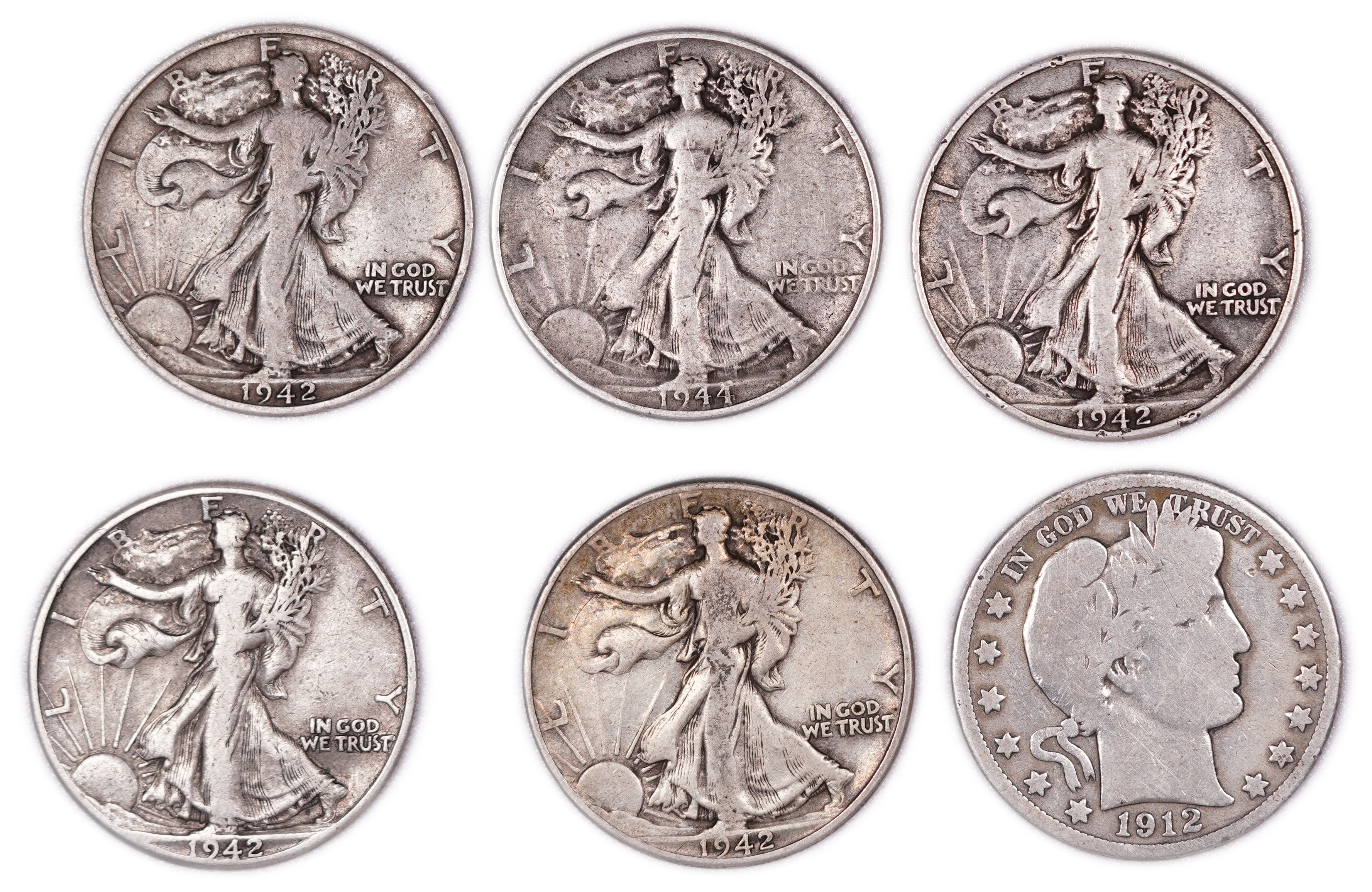 United States - Group of 6 Half Dollar Coins - 5 Walking Liberty and 1 Barber - .900 Silver - Total Weight 73.12 g ... - 1 0