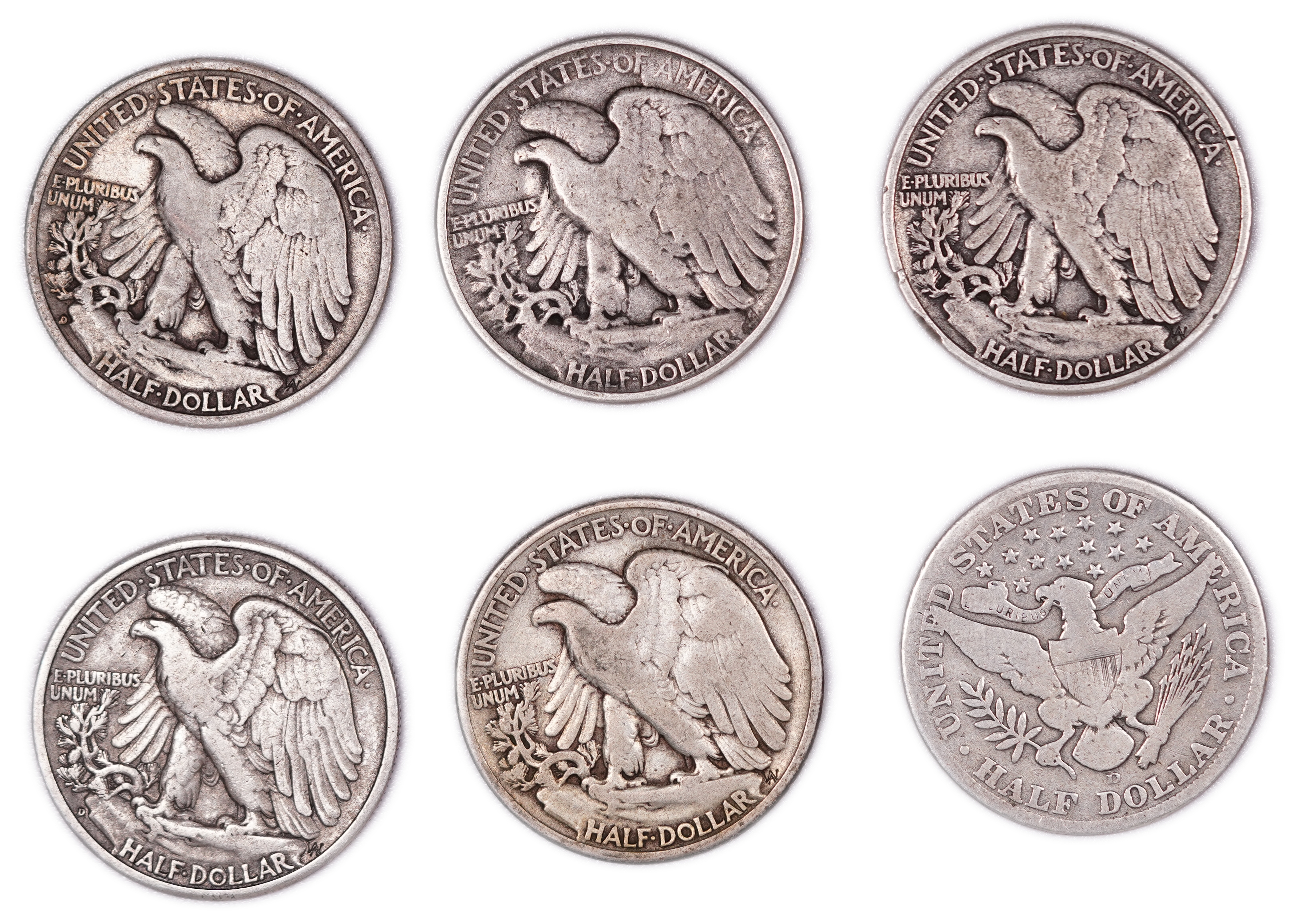 United States - Group of 6 Half Dollar Coins - 5 Walking Liberty and 1 Barber - .900 Silver - Total Weight 73.12 g ... - 1 1