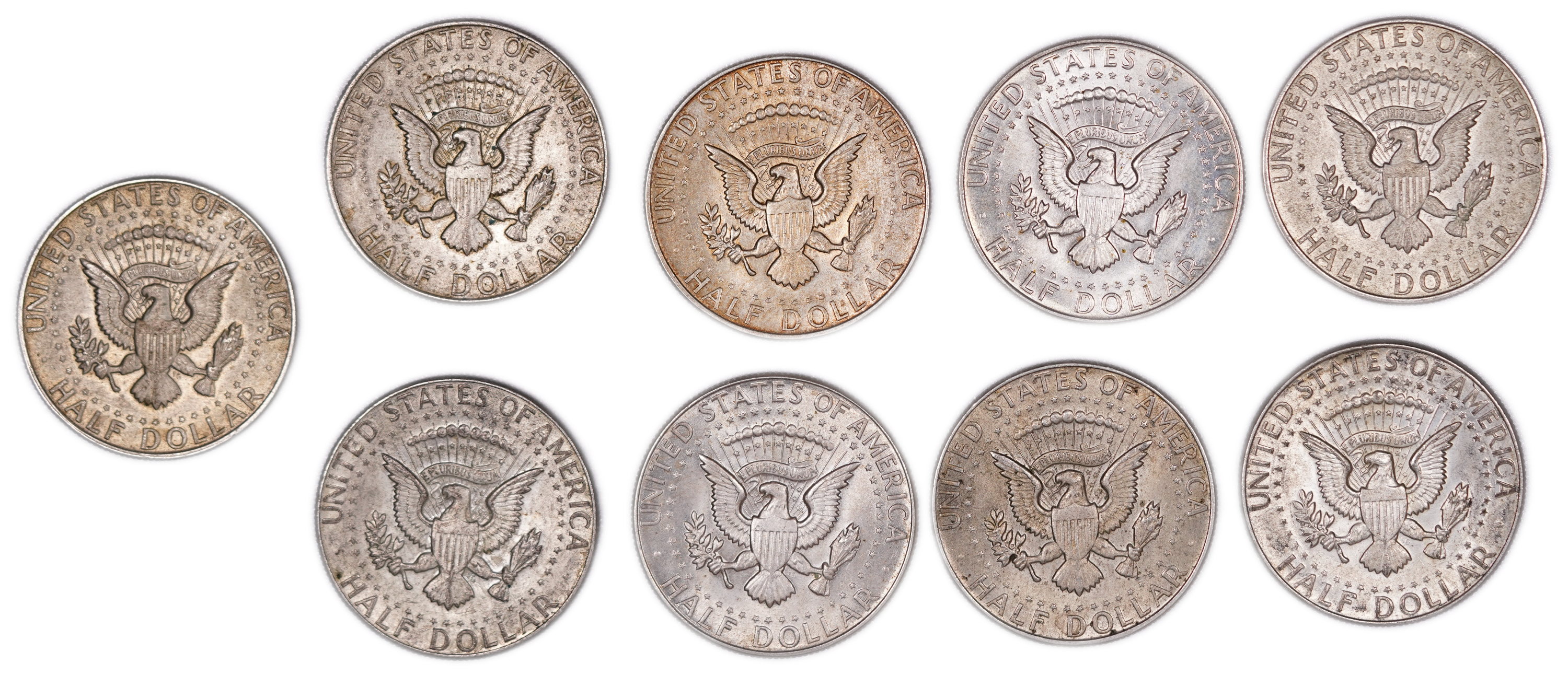 United States - Group of 9 Kennedy Half Dollar Coins - 40% Silver - Total Weight 103.31 g (41.32 g Net Silver ... - 1 1