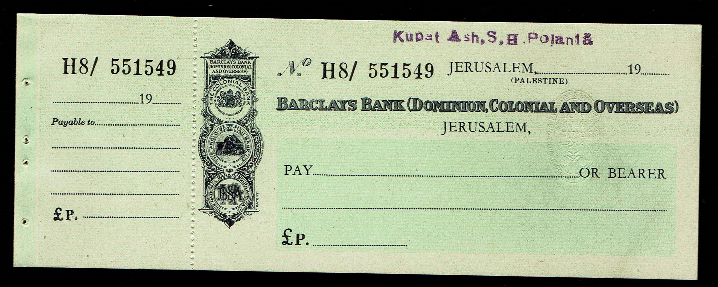 Palestine / Israel - Means of Payment - 7 Barclays Bank (Dominion, Colonial and Overseas) Cheques - Jerusalem ... - 1 0