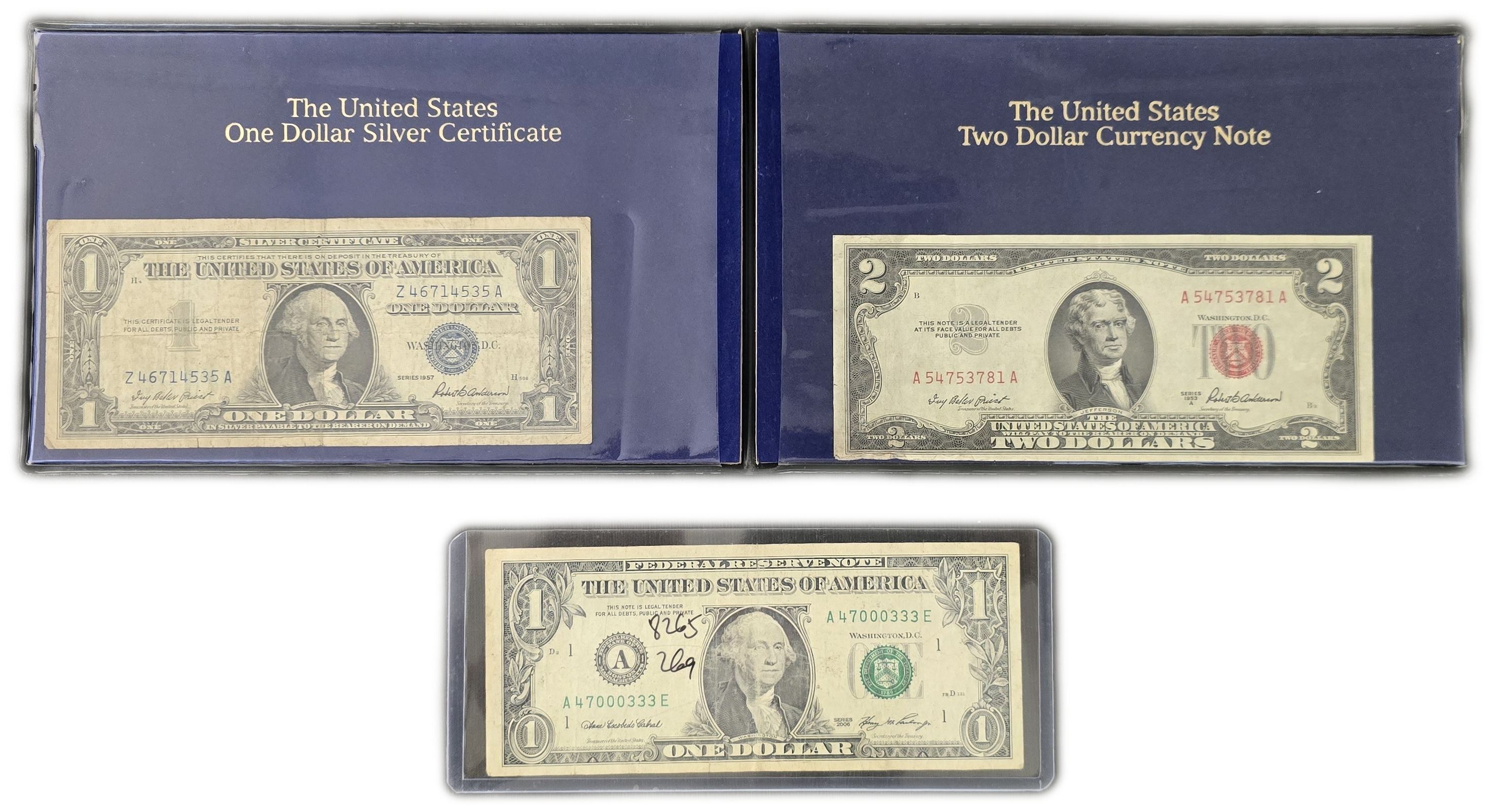 United States - Group of 3 Banknotes - 1 Dollar 1957 Silver Certificate, 2 Dollars 1953A United States Note and 1 ... - 1 0