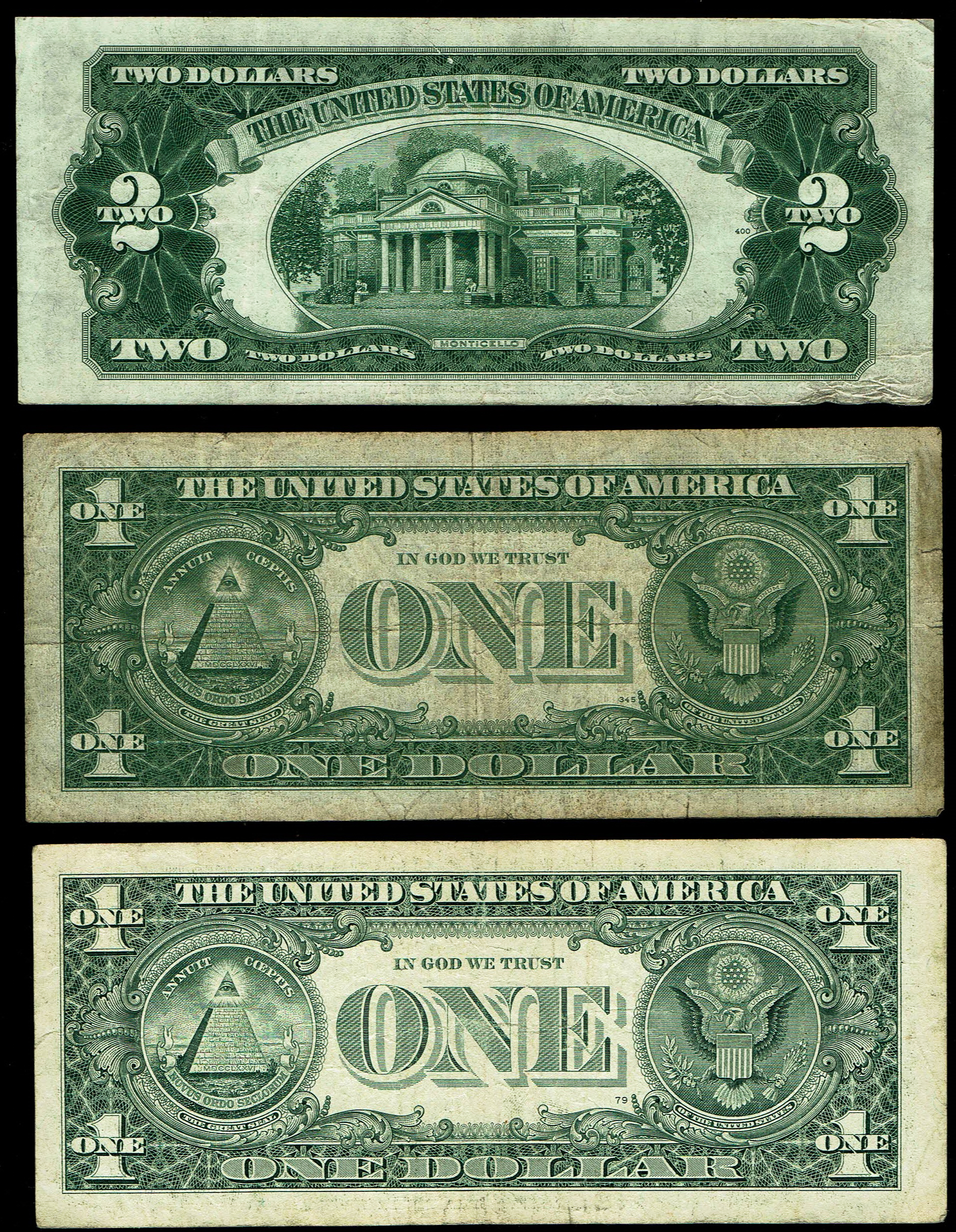 United States - Group of 3 Banknotes - 1 Dollar 1957 Silver Certificate, 2 Dollars 1953A United States Note and 1 ... - 1 2