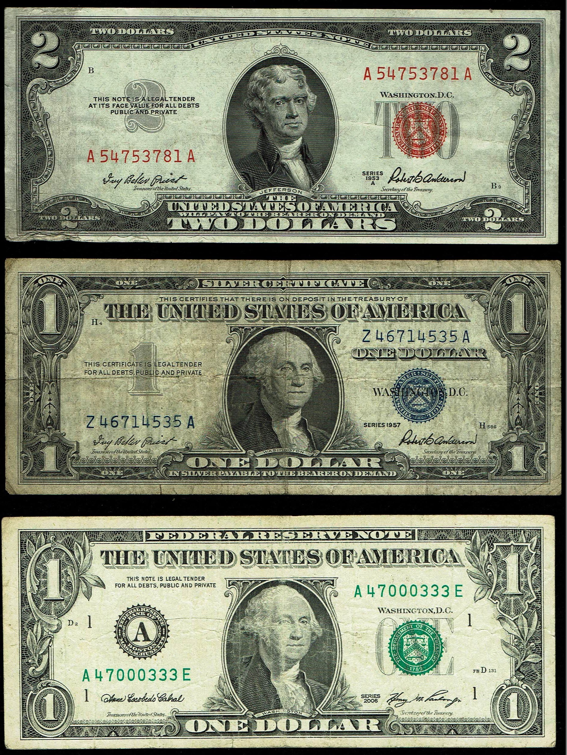 United States - Group of 3 Banknotes - 1 Dollar 1957 Silver Certificate, 2 Dollars 1953A United States Note and 1 ... - 1 1