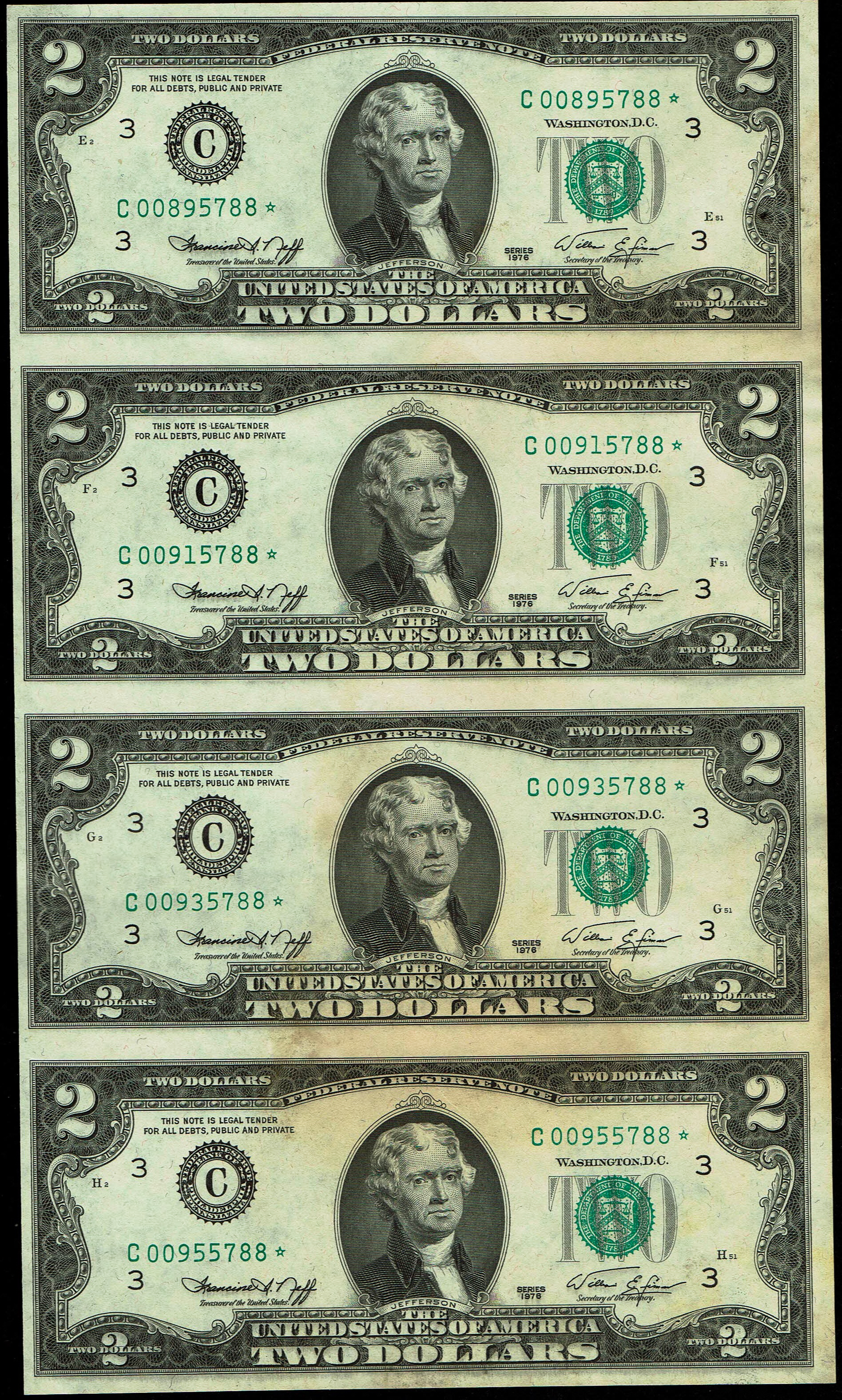 United States - 1 Dollar 1985 and 2 Dollars 1976 - Two Uncut Sheets of 4 Federal Reserve Notes - 2 Dollar Sheet ... - 1 5