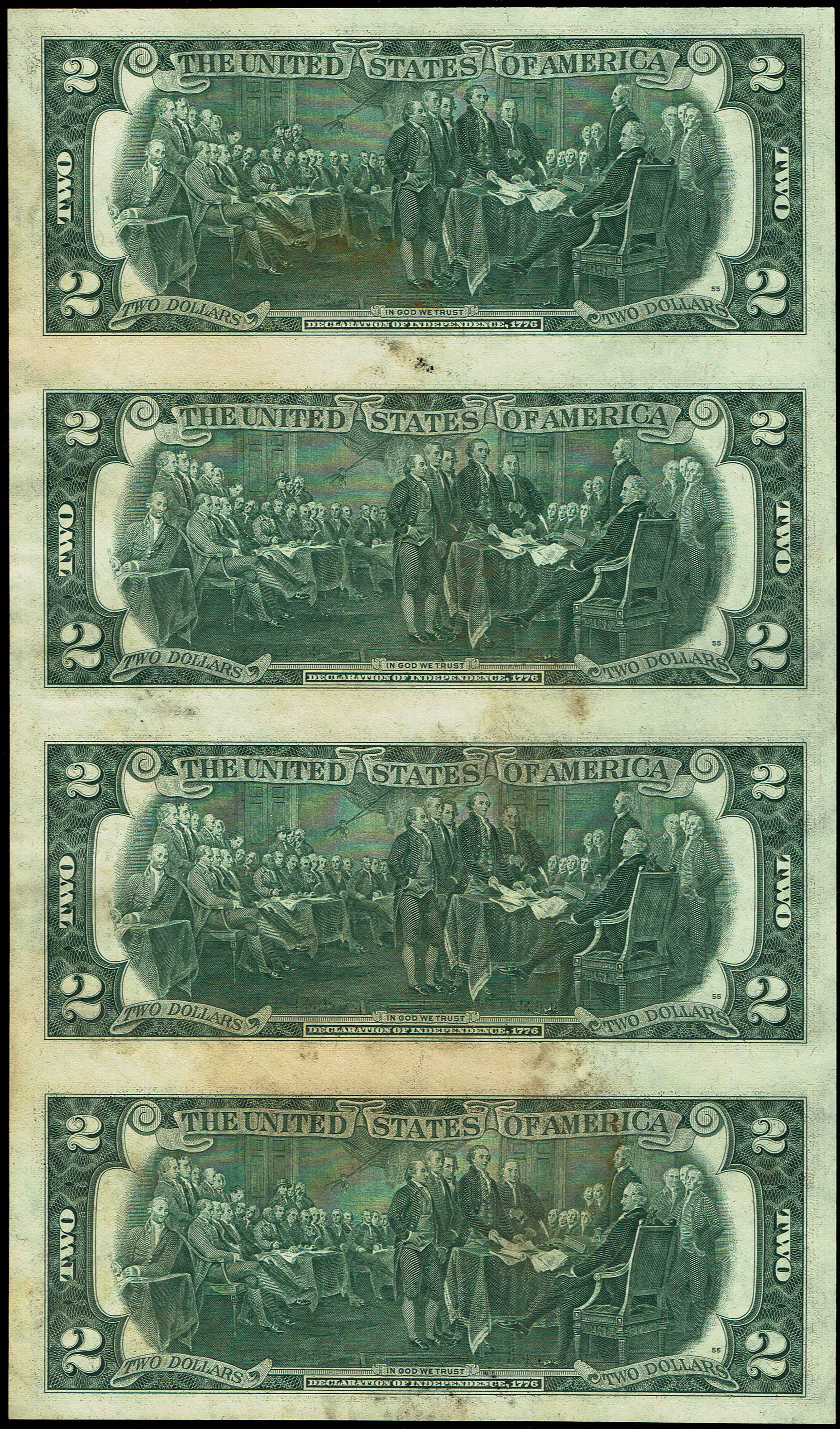 United States - 1 Dollar 1985 and 2 Dollars 1976 - Two Uncut Sheets of 4 Federal Reserve Notes - 2 Dollar Sheet ... - 1 6