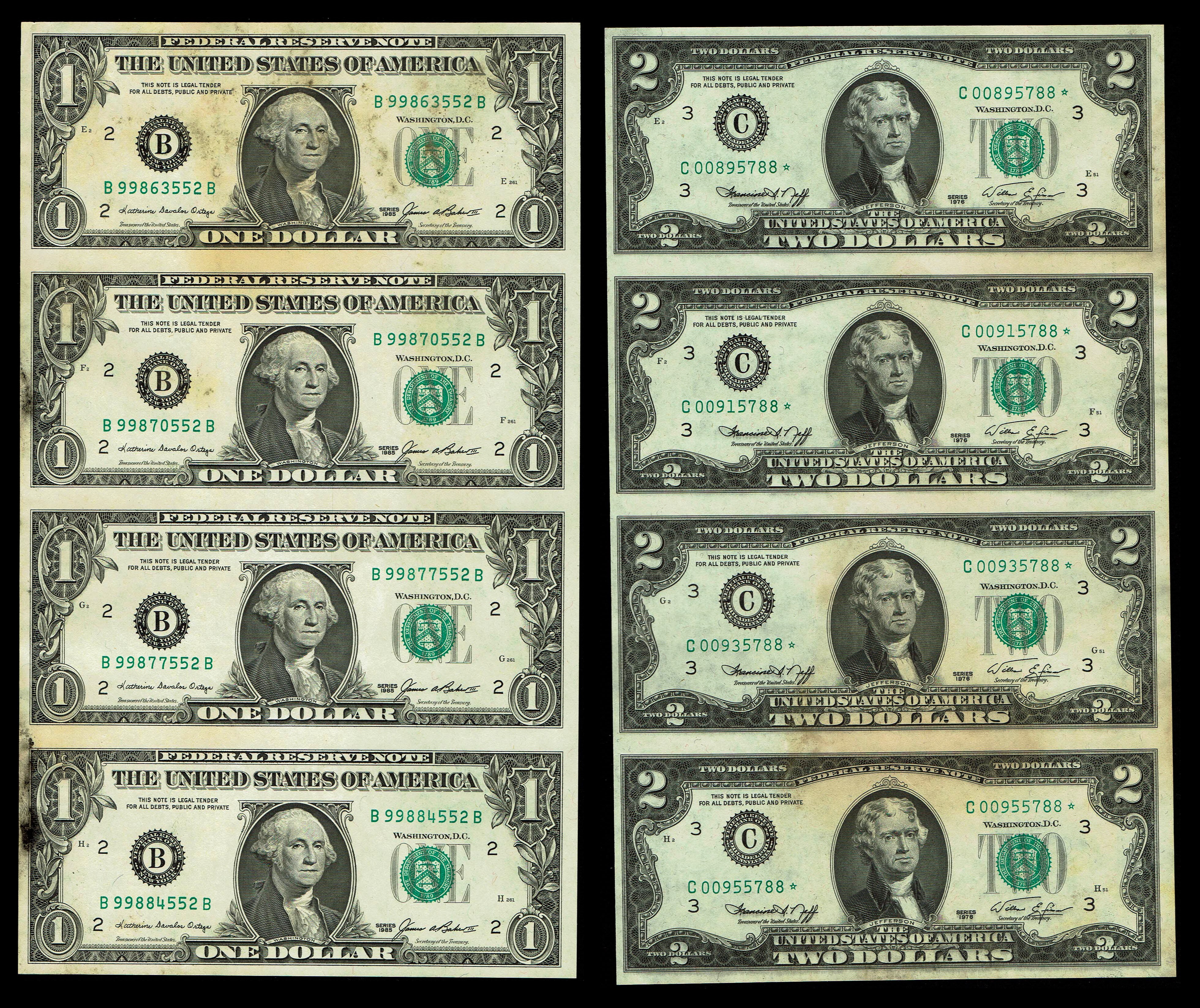 United States - 1 Dollar 1985 and 2 Dollars 1976 - Two Uncut Sheets of 4 Federal Reserve Notes - 2 Dollar Sheet ... - 1 0