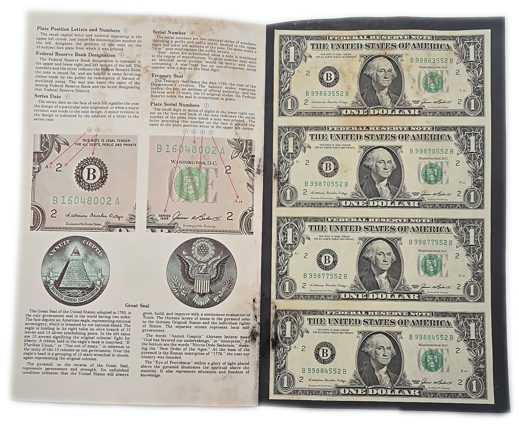 United States - 1 Dollar 1985 and 2 Dollars 1976 - Two Uncut Sheets of 4 Federal Reserve Notes - 2 Dollar Sheet ... - 1 3