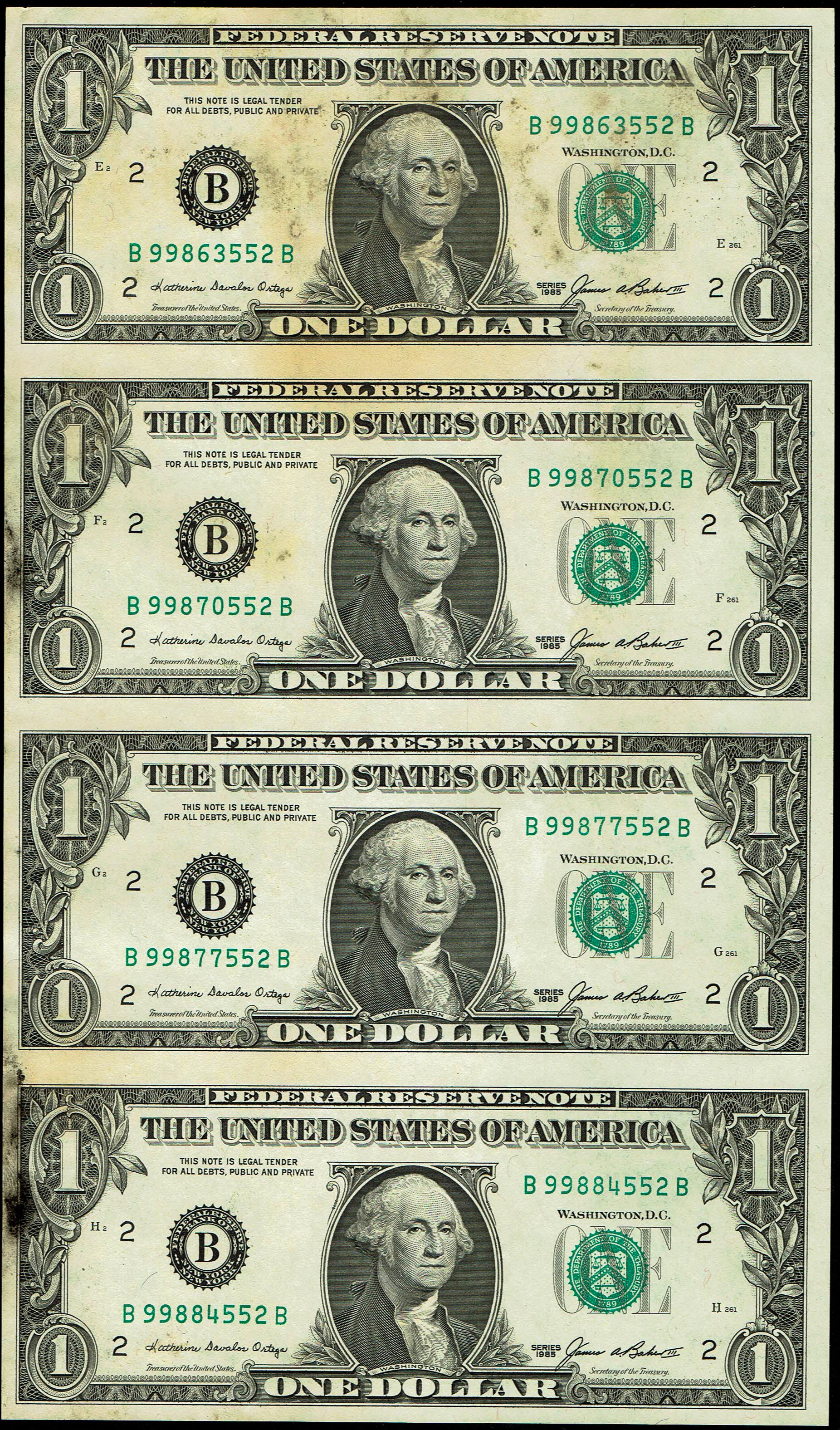 United States - 1 Dollar 1985 and 2 Dollars 1976 - Two Uncut Sheets of 4 Federal Reserve Notes - 2 Dollar Sheet ... - 1 1
