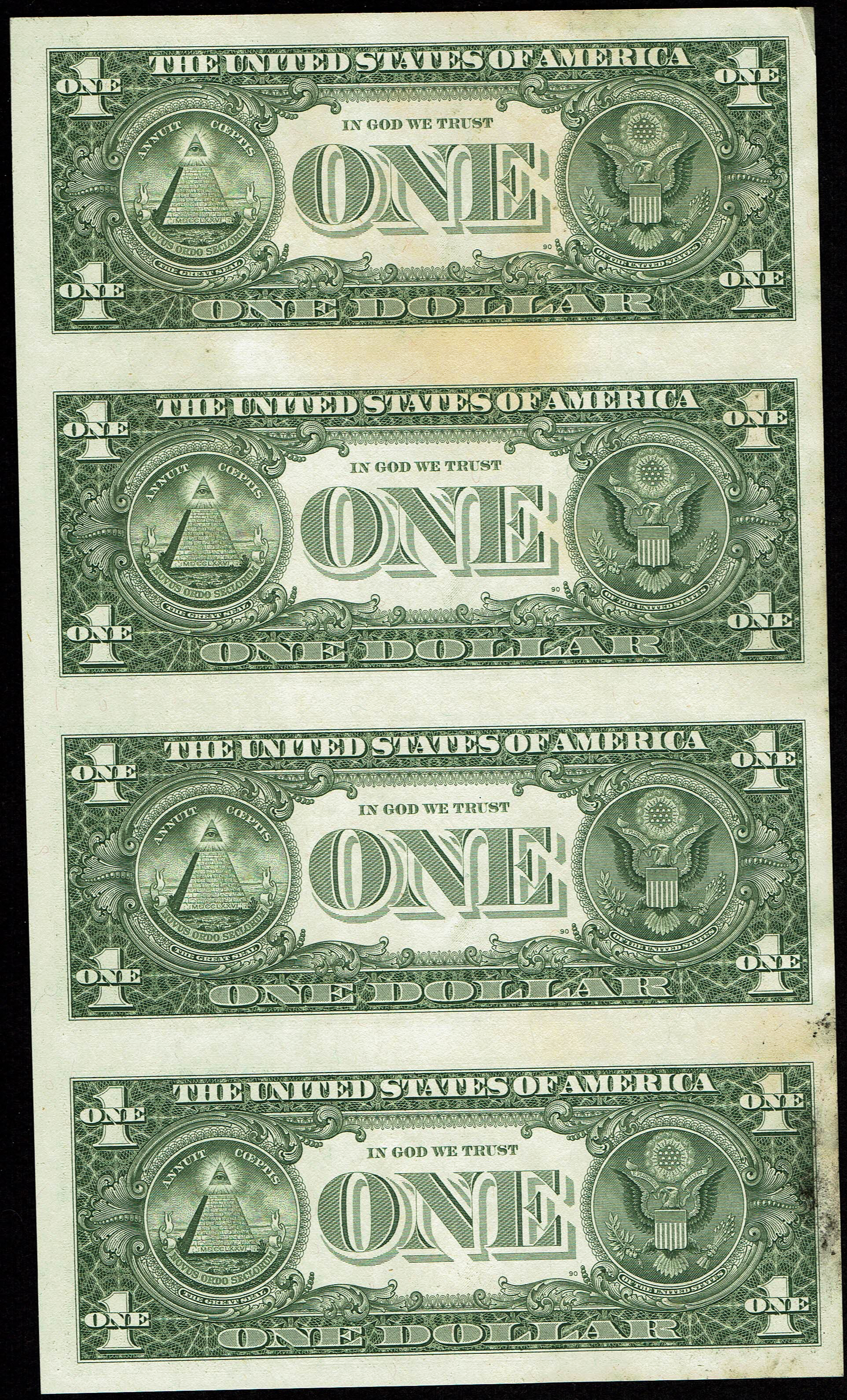 United States - 1 Dollar 1985 and 2 Dollars 1976 - Two Uncut Sheets of 4 Federal Reserve Notes - 2 Dollar Sheet ... - 1 2