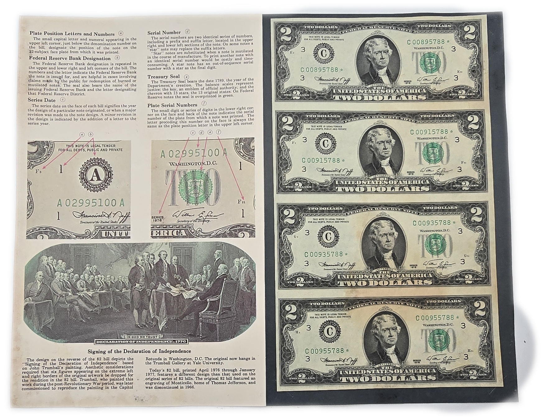 United States - 1 Dollar 1985 and 2 Dollars 1976 - Two Uncut Sheets of 4 Federal Reserve Notes - 2 Dollar Sheet ... - 1 7